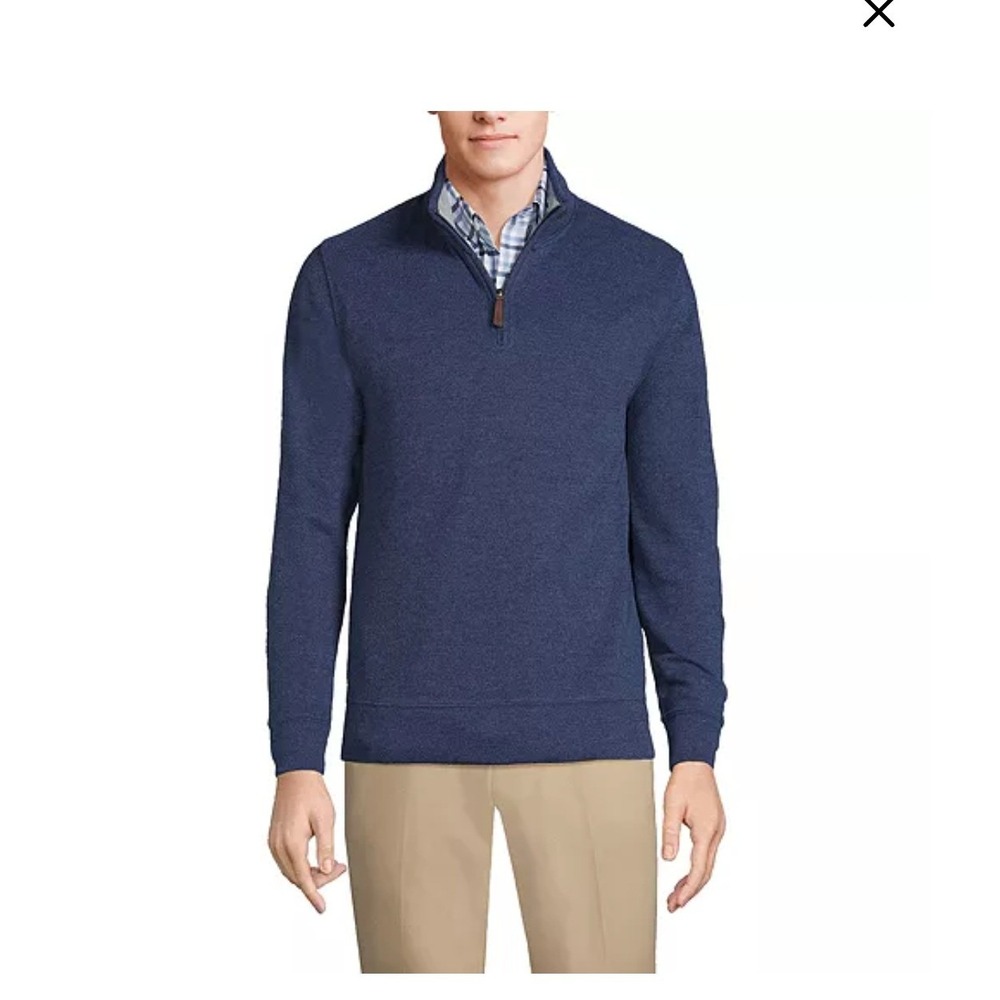Lands End Mens 2XL Tall Navy Heather Quarter Zip Pullover Sweater Cowhide Trim